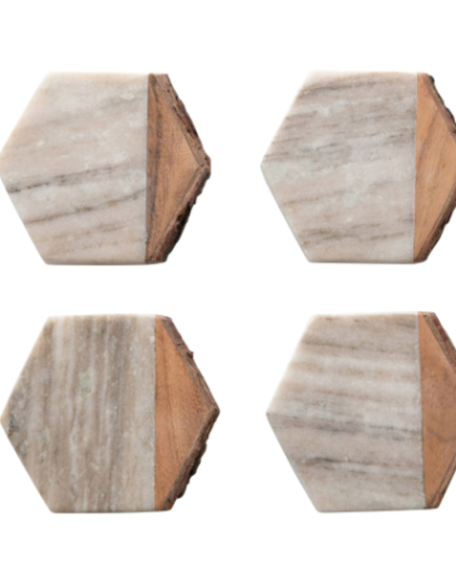 Creative Co-Op Coasters- Hexagon Marble & Wood (Set of 4)