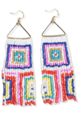 Ink + Alloy Earrings - White Rainbow Squares Fringe on Triangle