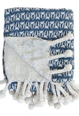 Creative Co-Op Throw Blanket - Recycled Cotton Blue with Flowers and Pom Poms