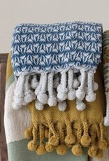 Creative Co-Op Throw Blanket - Recycled Cotton Blue with Flowers and Pom Poms