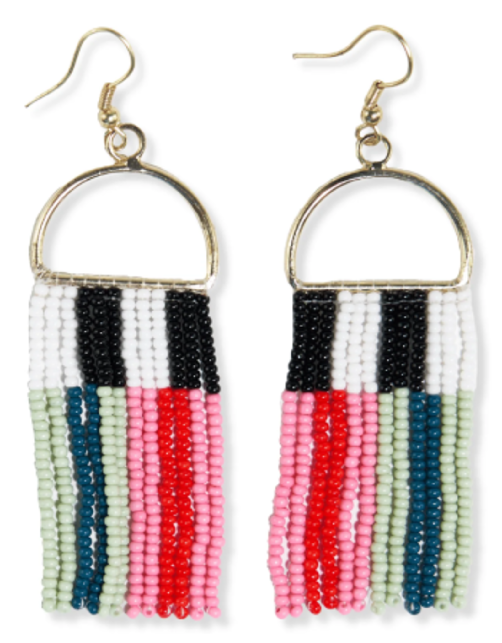 Ink + Alloy Earrings - Dangle: Half Circle Vertical Stripes Fringe Red, Mint, Pink, Teal
