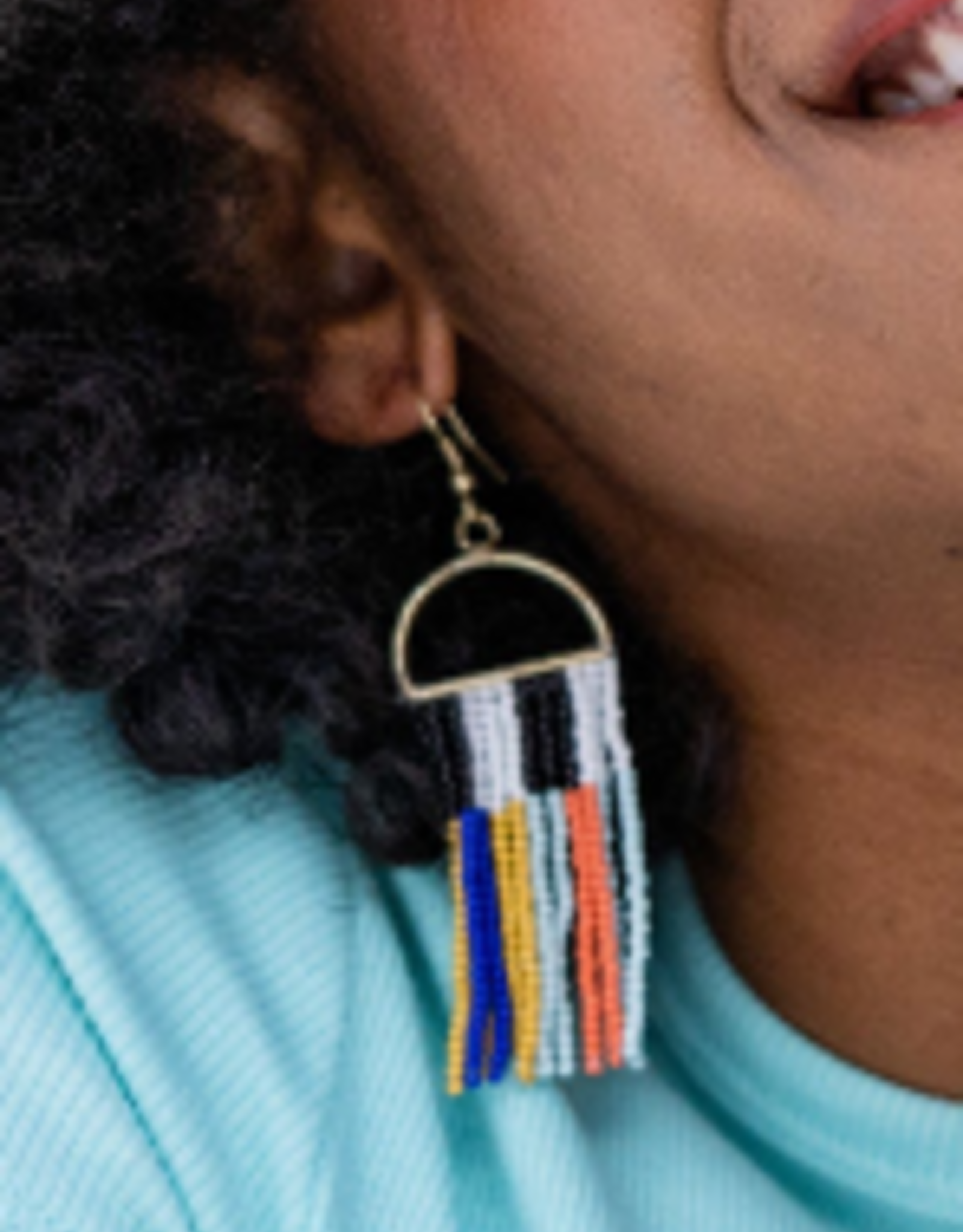 Ink + Alloy Earrings - Dangle: Half Circle B/W Teal, Orange, Yellow, Navy Fringe