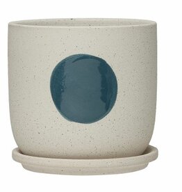 Creative Co-Op Planter - Large: White Stoneware  w/ Blue Circle