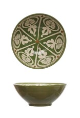 Creative Co-Op Serving Bowl - Green & White Ornate Pattern Stoneware