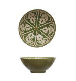 Creative Co-Op Serving Bowl - Green & White Ornate Pattern Stoneware