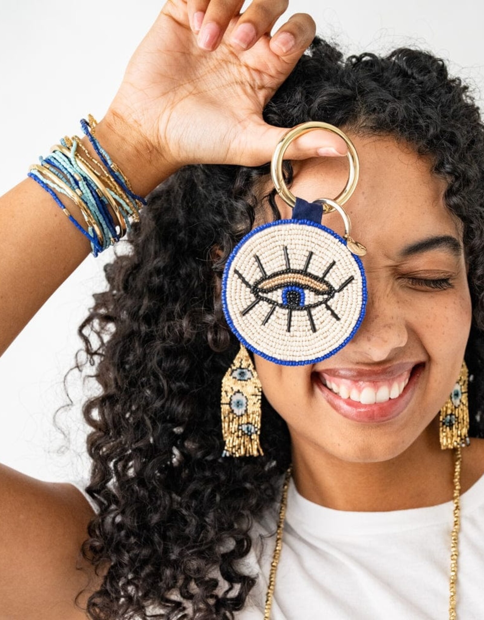 Ink + Alloy Bag Charm Keyring - Beaded Evil Eye/Heart
