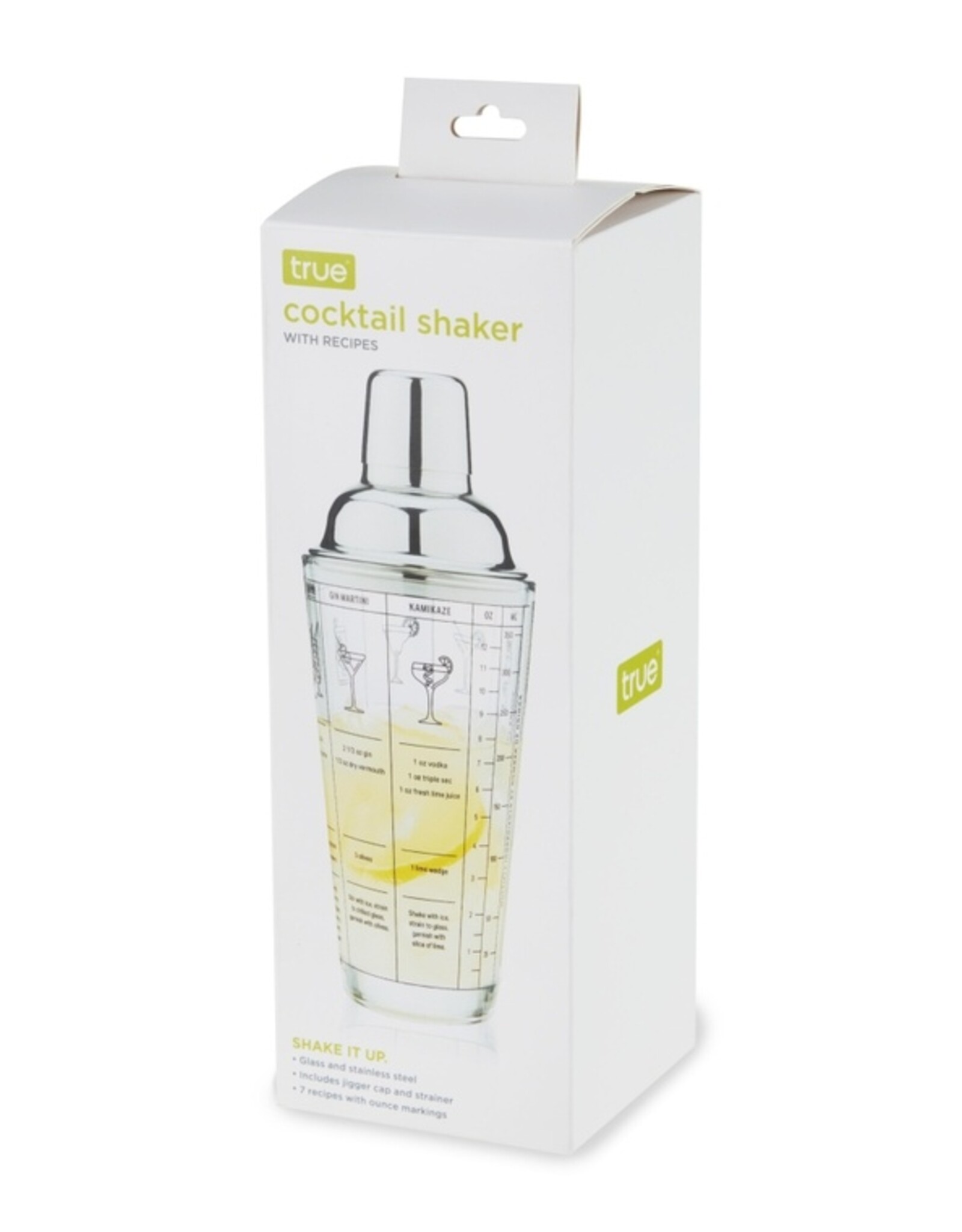 True Cocktail Shaker - 7 Recipe Glass & Stainless Steel