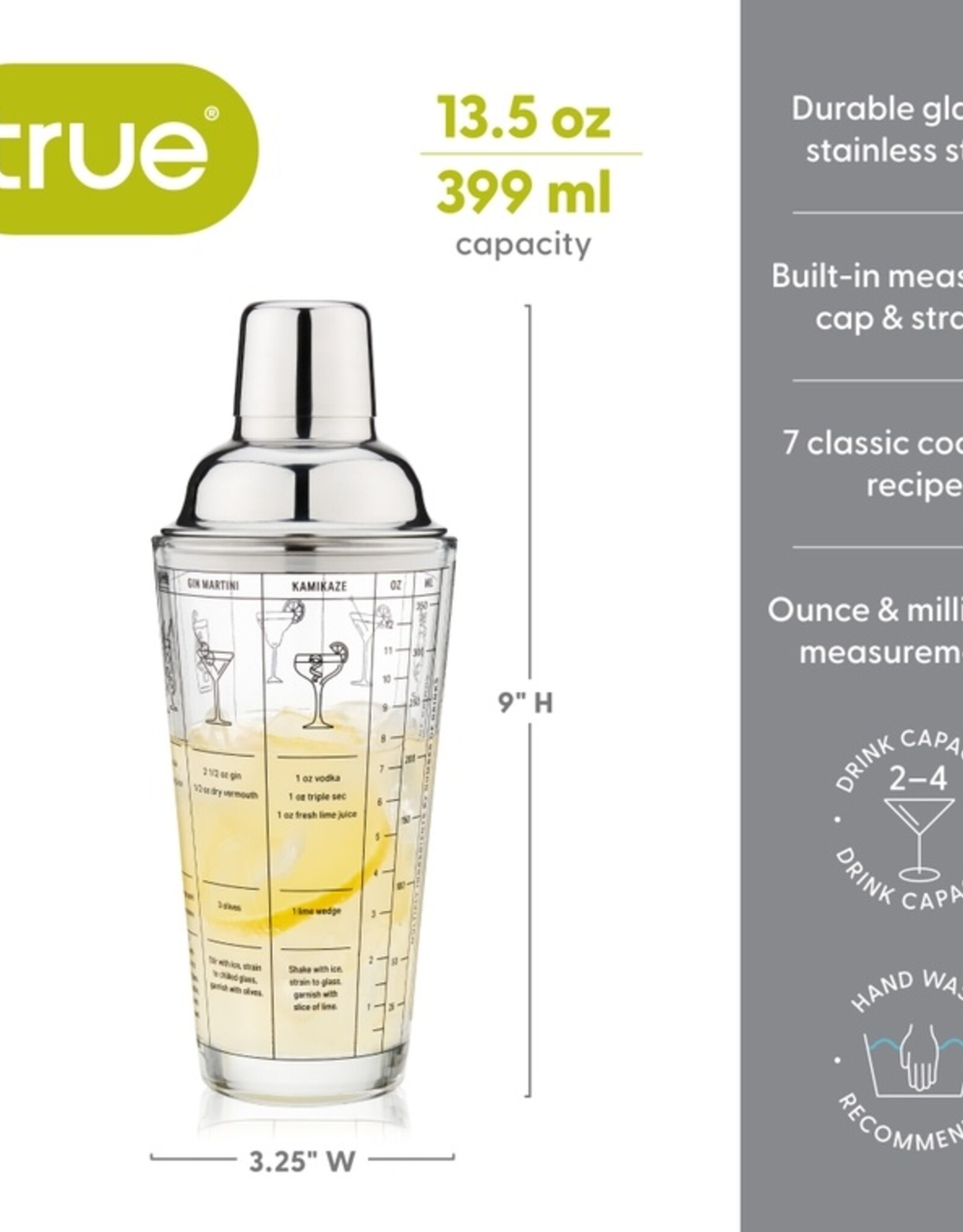 True Cocktail Shaker - 7 Recipe Glass & Stainless Steel