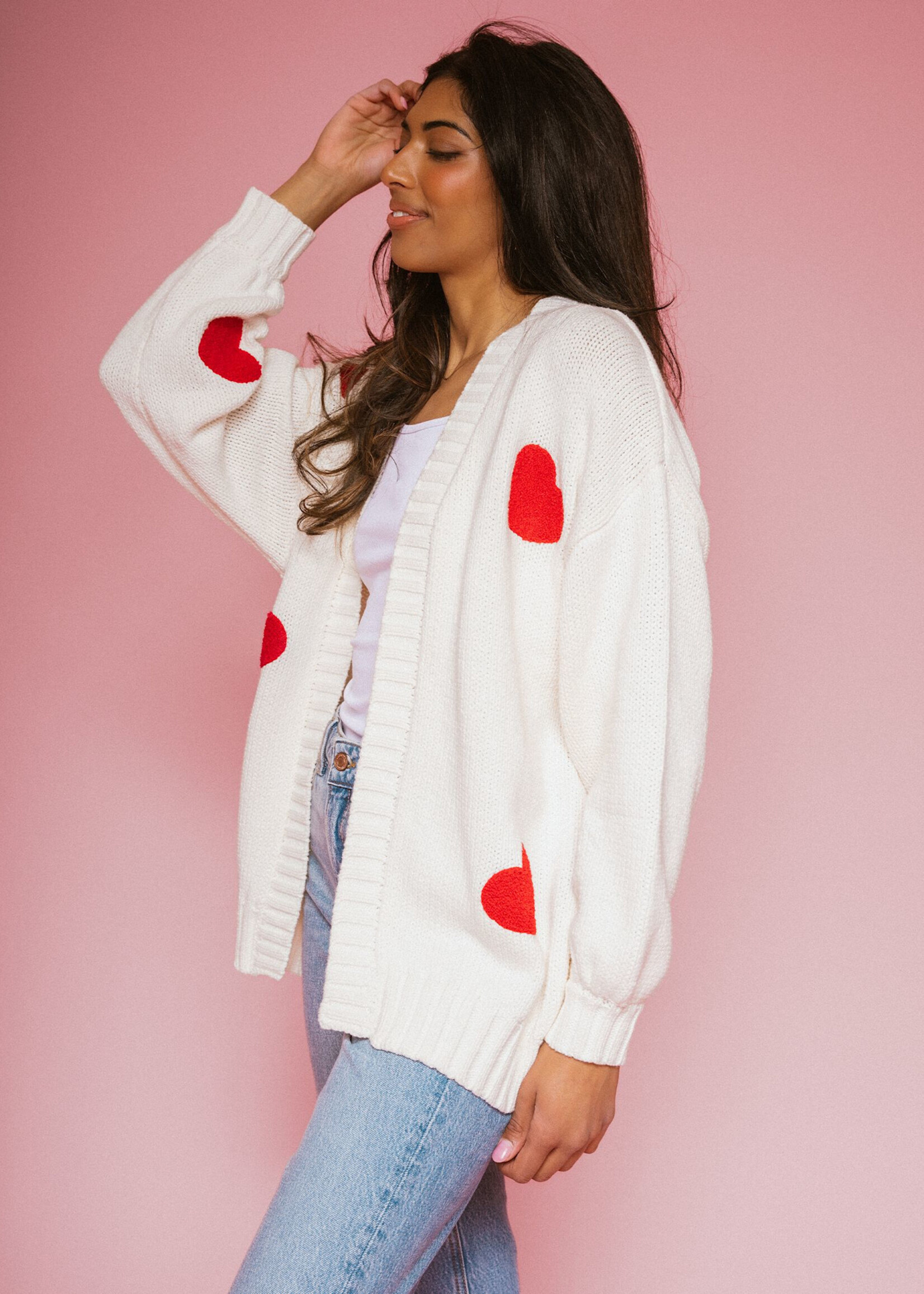 BRUNETTE  the label AUDREY ALL OVER HEART OVERSIZED CARDIGAN