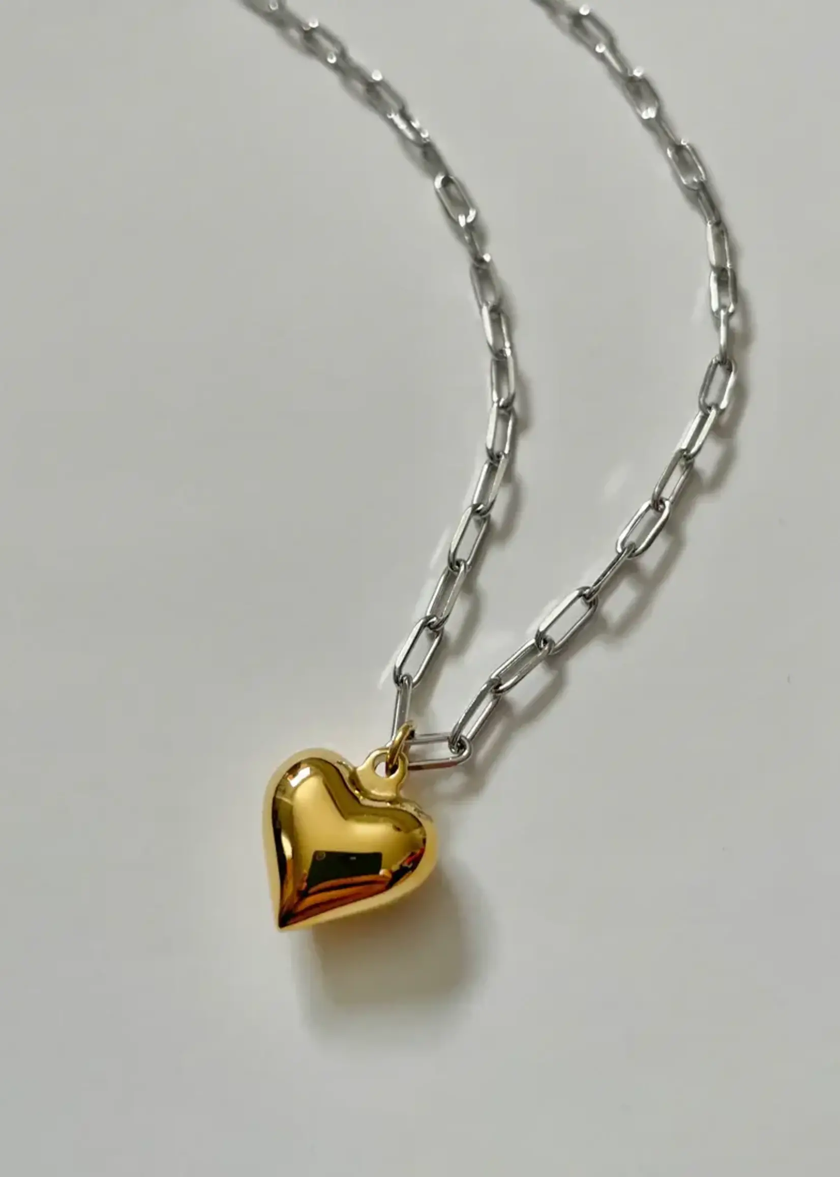 NAMASTE JEWELRY Chunky Heart Necklace, Silver chain, Gold heart