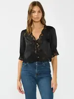 lovestitch V-Neck Button Front Blouse with Lace Trim