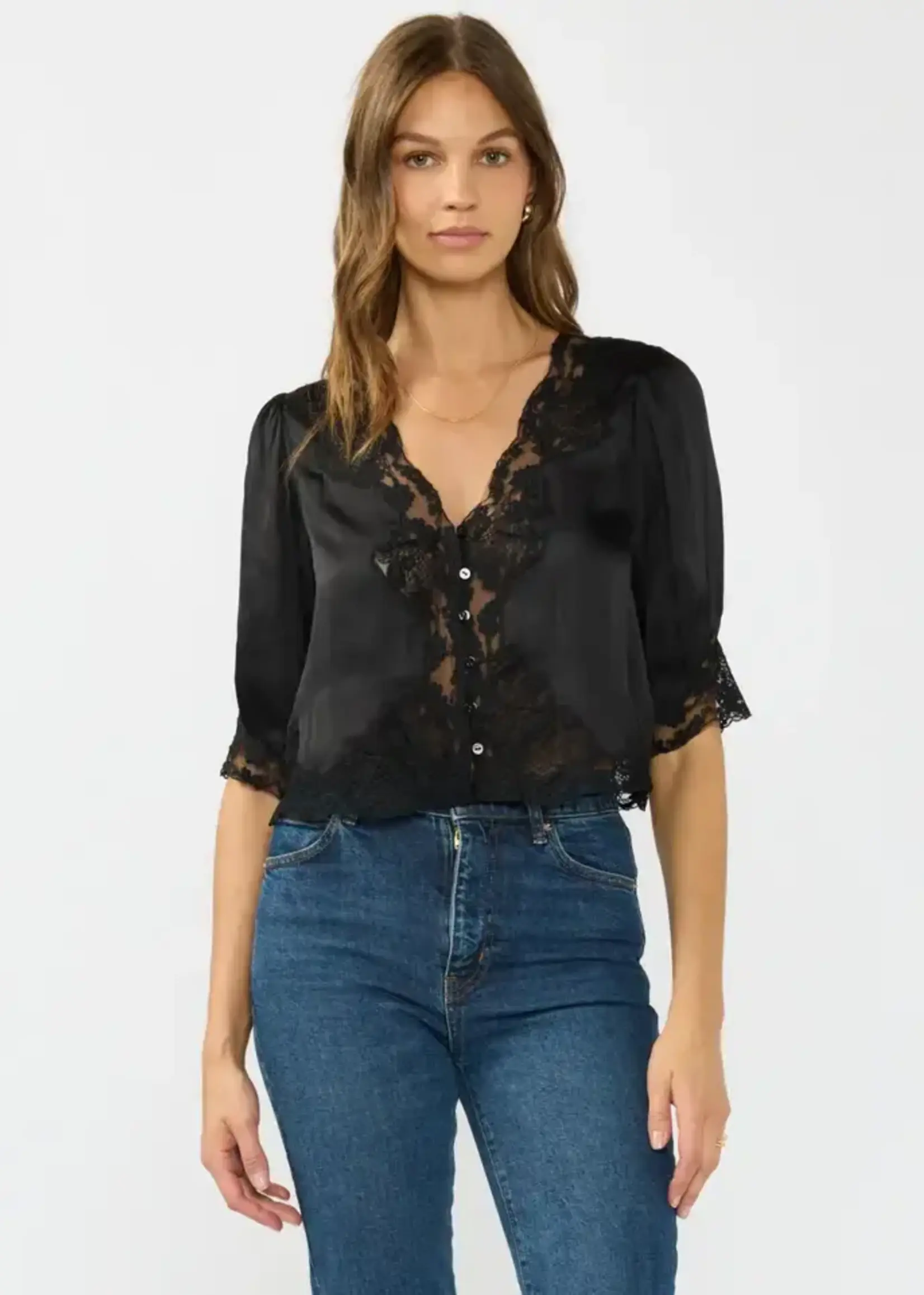 lovestitch V-Neck Button Front Blouse with Lace Trim