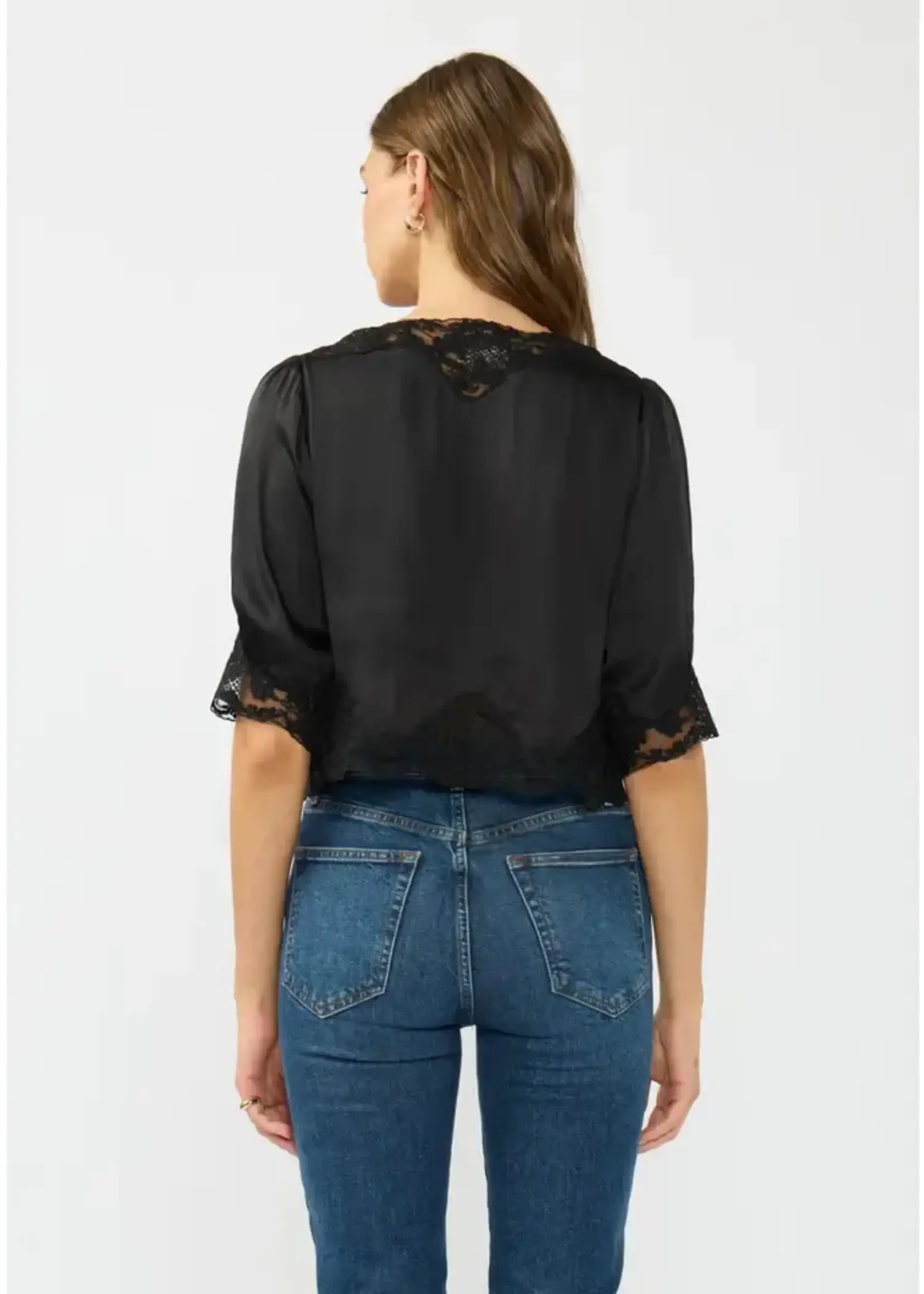 lovestitch V-Neck Button Front Blouse with Lace Trim
