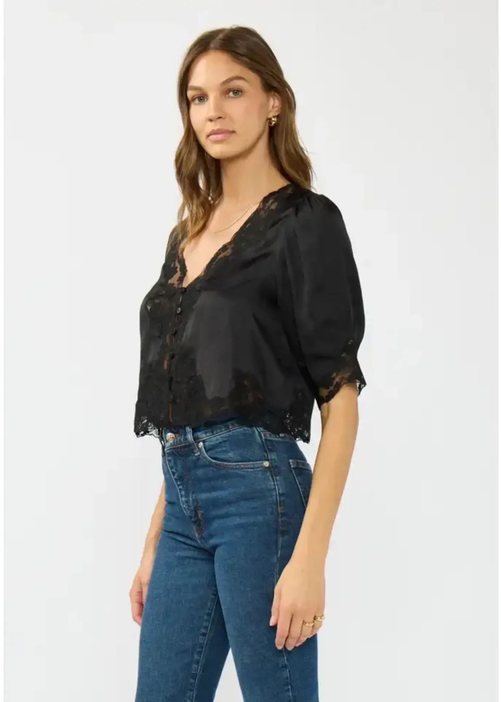 lovestitch V-Neck Button Front Blouse with Lace Trim