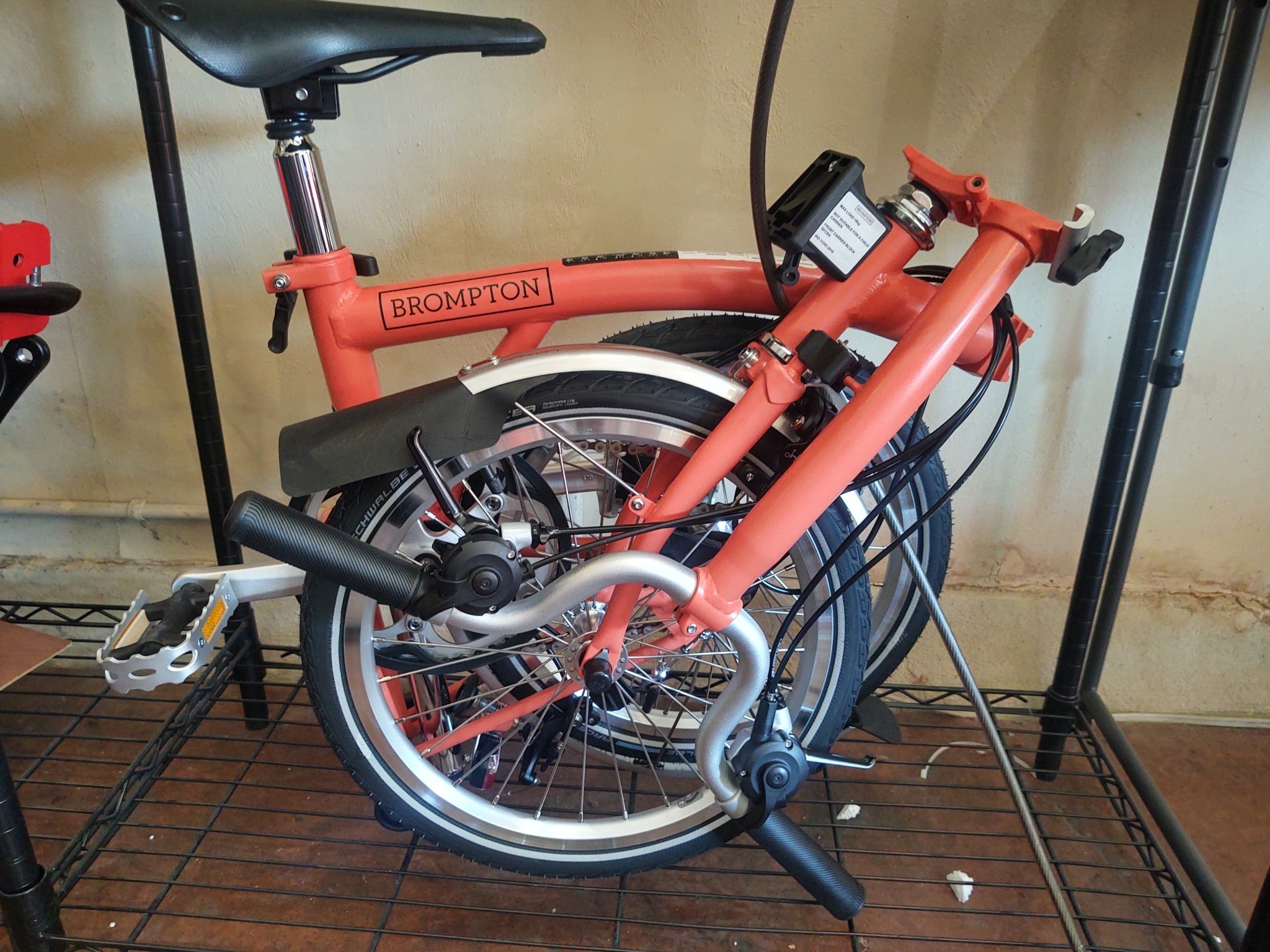 Brompton C Line 6 Speed M Handlebar, Fire Coral -  Battery Lighting, Extended Seatpost, Brooks Cambium Saddle