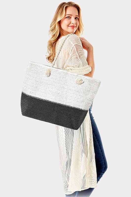 Black White Straw Tote