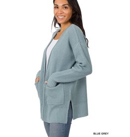 Zenana Premium Grey Blue Waffle Knit Cardigan
