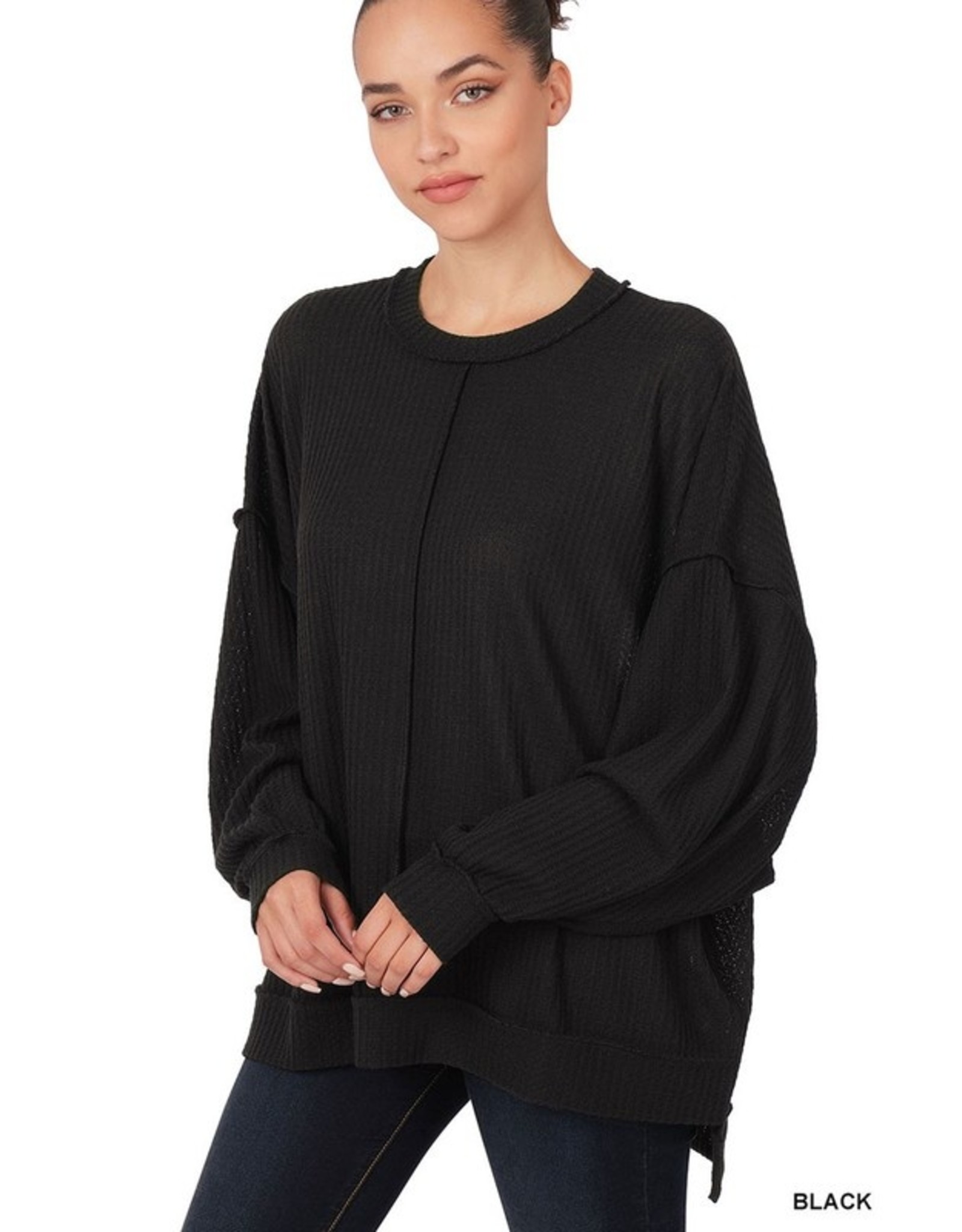Zenana Premium Black Oversized Waffle Knit Sweater