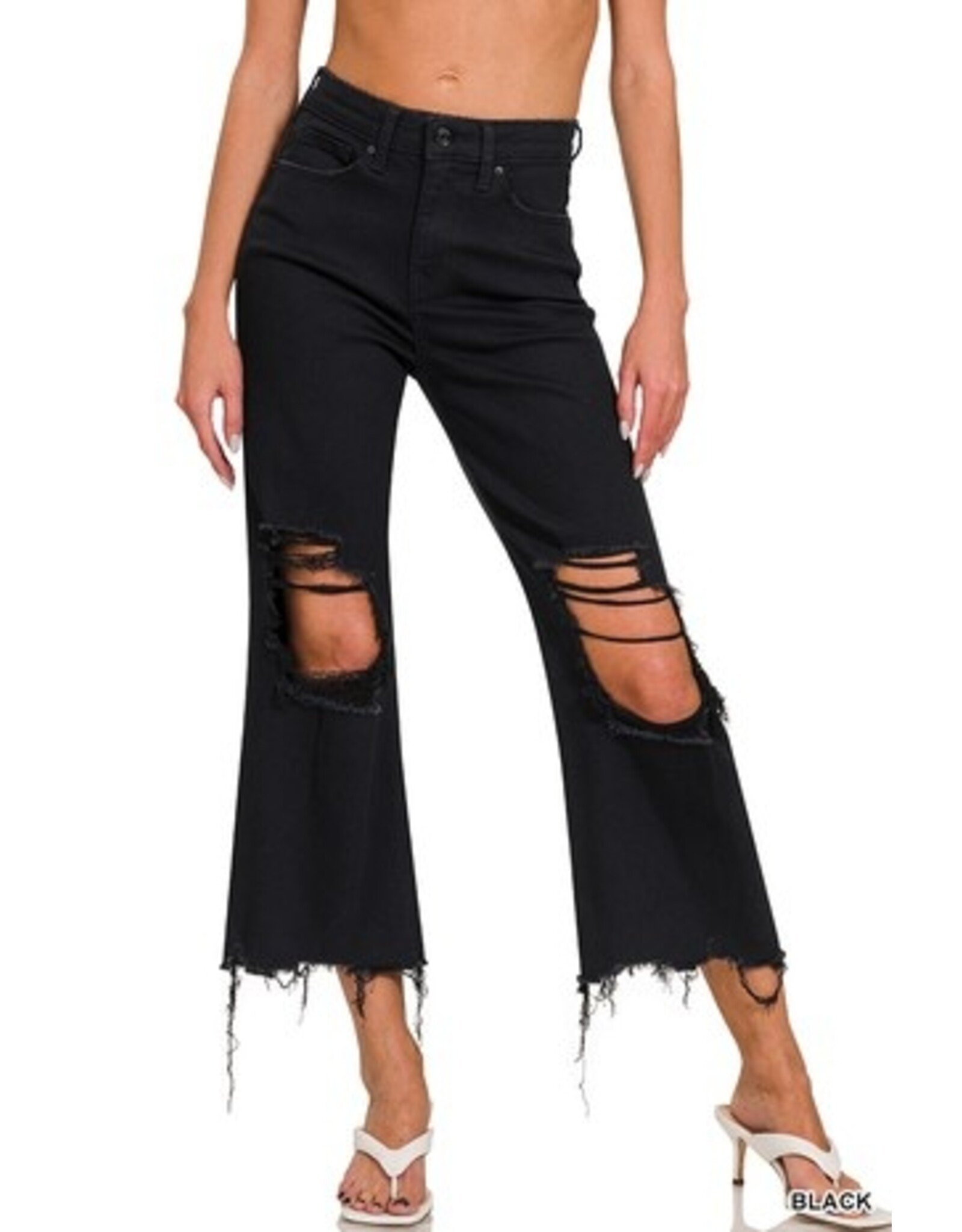 Zenana Premium Distressed Flare Black Jeans