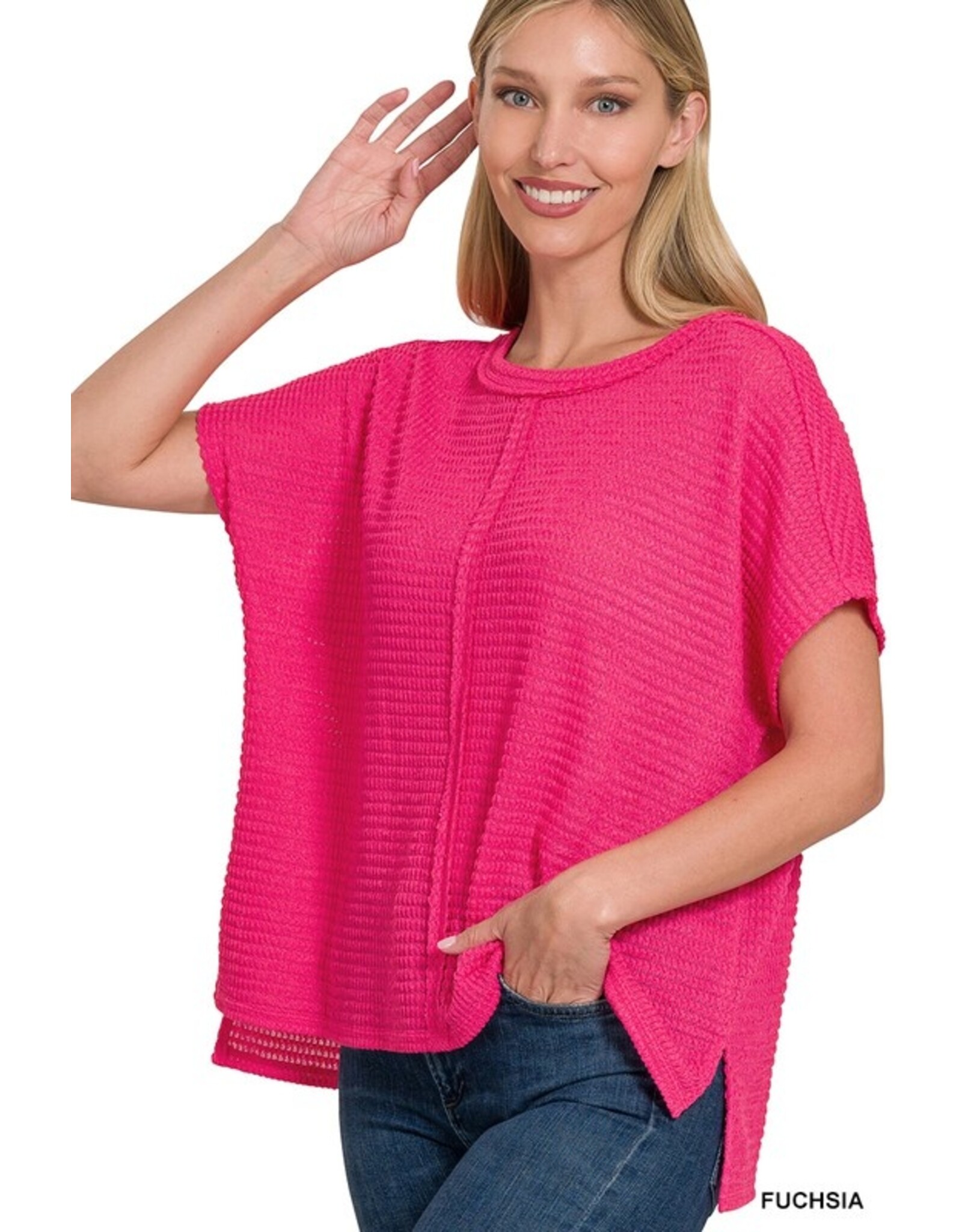 Zenana Premium Hot Pink Short Sleeve Jacquard Sweater