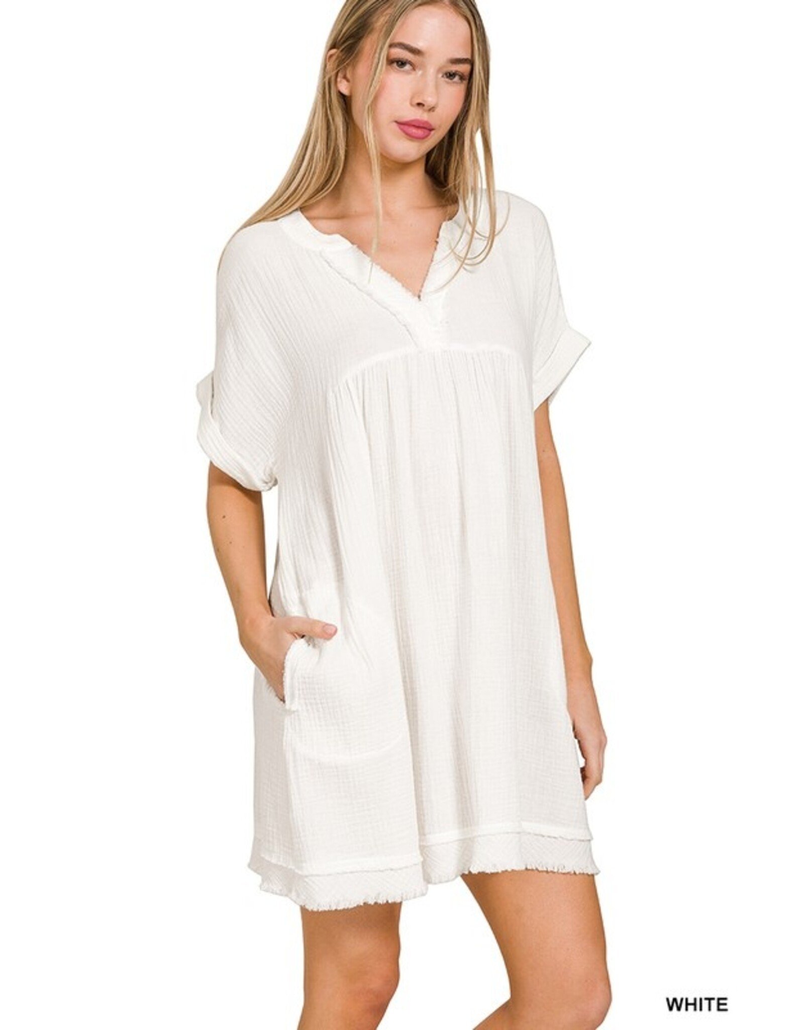 Zenana Premium White Raw Hem Sunny Dress