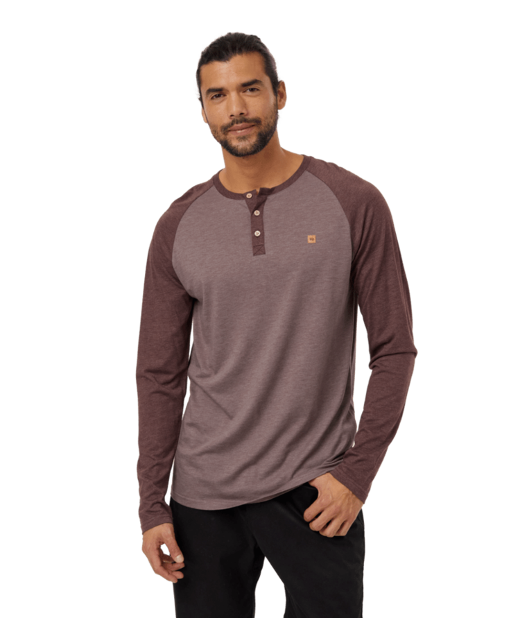 TENTREE TENTREE Mens TreeBlend Classic Henley Longsleeve Elkwood Heather/Deep Mahogany Heather
