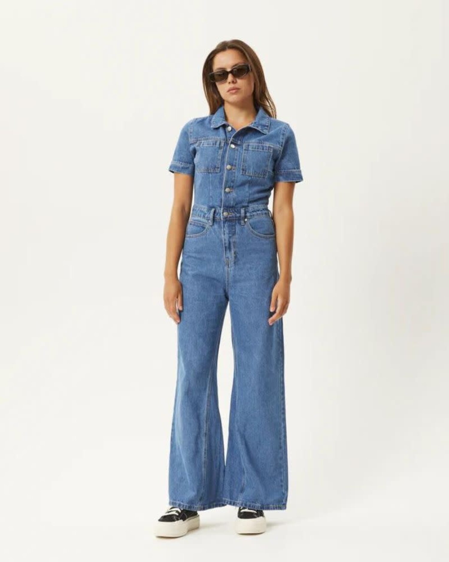 AFENDS Miami Hemp Denim Flared Jumpsuit - Worn Blue - Edge of the