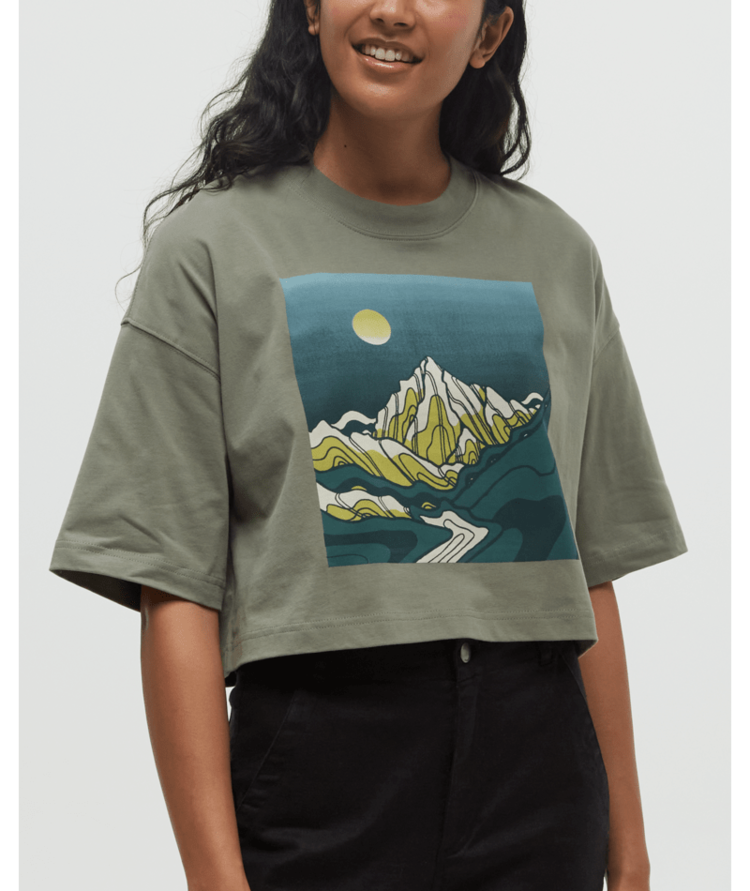 TENTREE TENTREE Womens Emerald Edge Oversized Crop T-Shirt Agave Green/Darkest Spruce