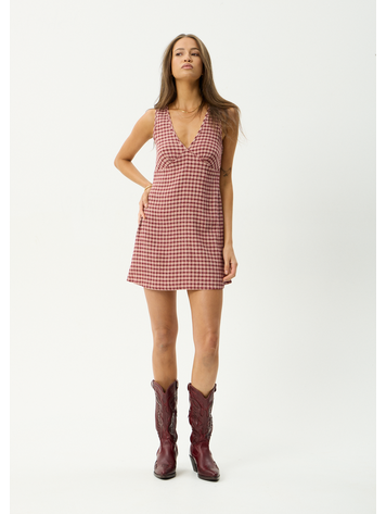 AFENDS AFENDS Capricorn Hemp Seersucker Mini Dress Burgundy /  Beige Check