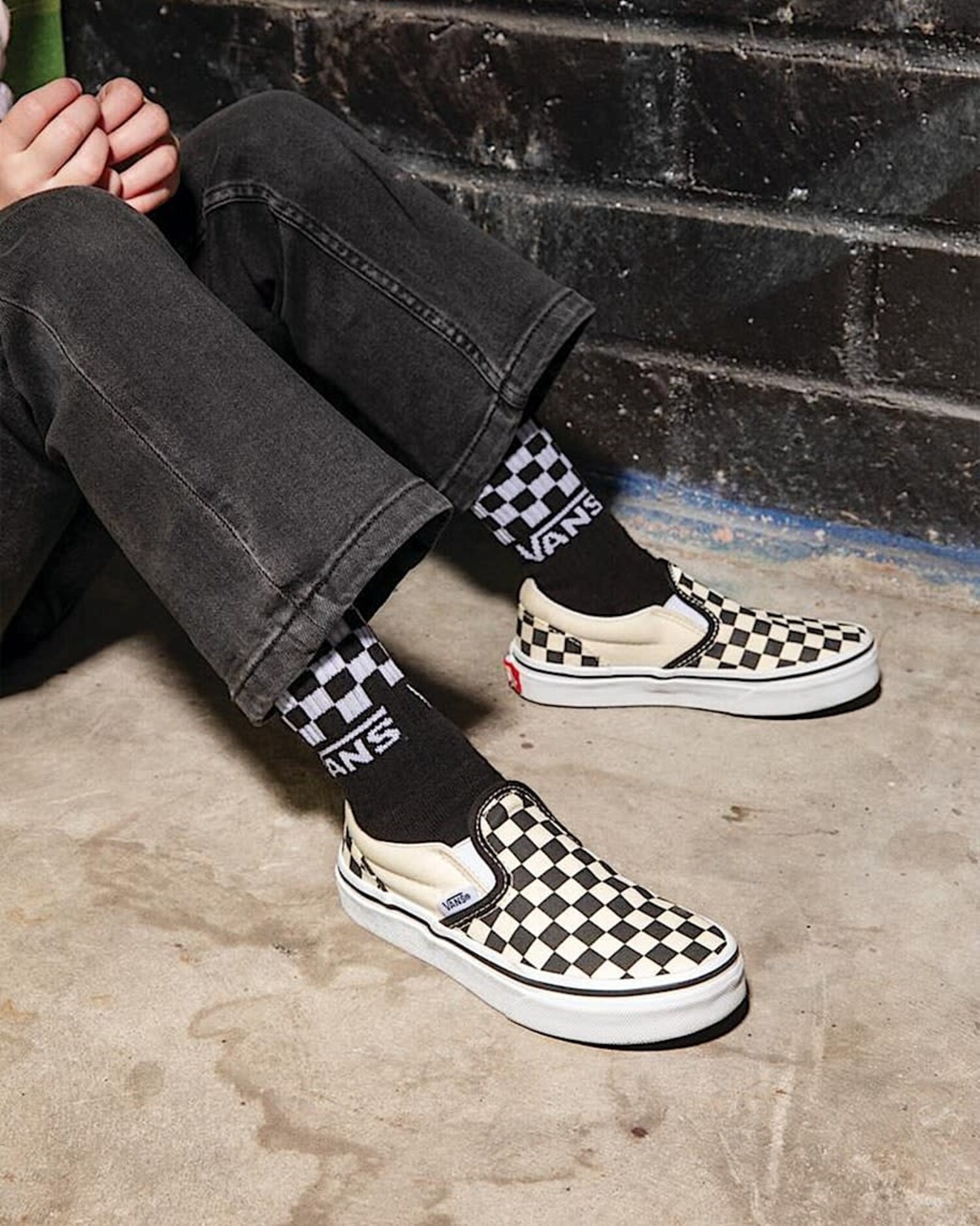 VANS Kids Classic Slip-On Checkerboard Shoe In Black/White - Edge