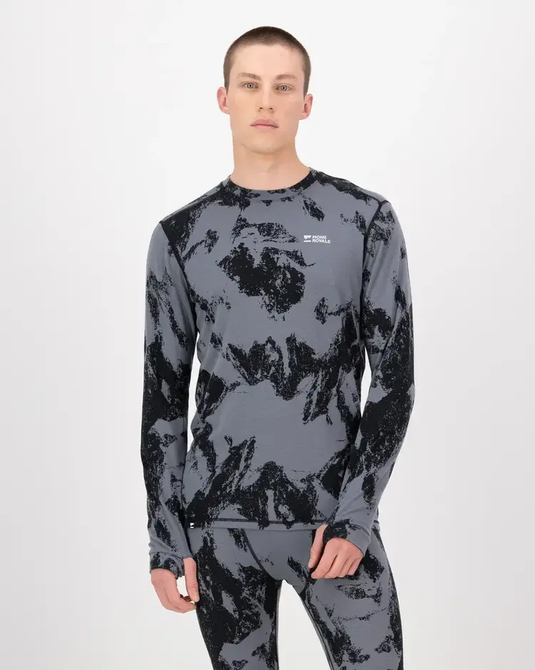 MONS ROYALE MONS ROYALE Men's Cascade Merino Base Layer Long Sleeve Mtn Pixel Grey