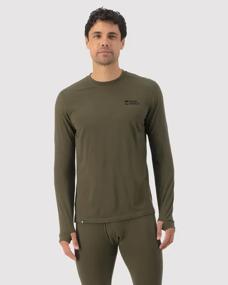 MONS ROYALE MONS ROYALE Mens Cascade Merino Base Layer Long Sleeve Dark Olive