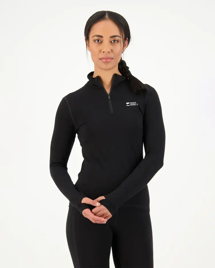 MONS ROYALE MONS ROYALE Women's Cascade Merino Base Layer 1/4 Zip Long Sleeve Black