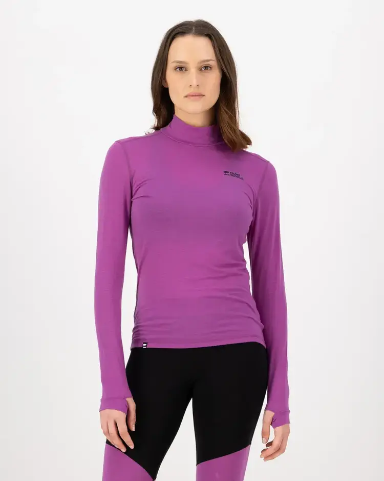 MONS ROYALE MONS ROYALE Women's Cascade Merino Base Layer Mock Neck Long Sleeve Purple Bolt