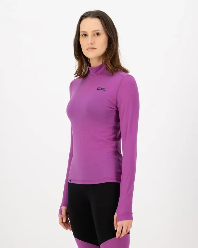 MONS ROYALE MONS ROYALE Women's Cascade Merino Base Layer Mock Neck Long Sleeve Purple Bolt