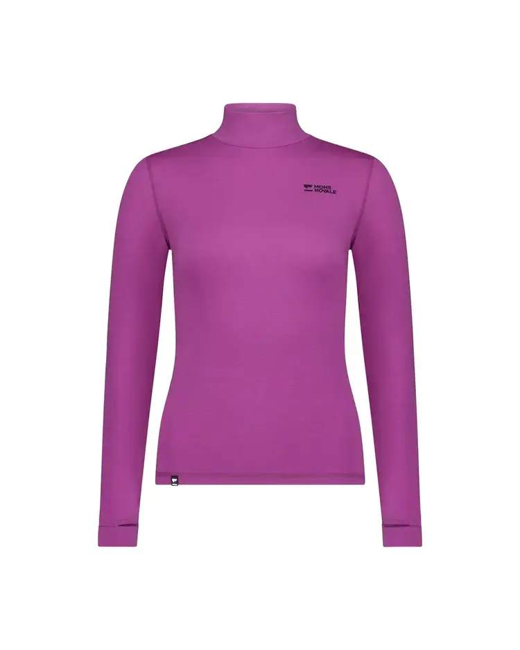 MONS ROYALE MONS ROYALE Women's Cascade Merino Base Layer Mock Neck Long Sleeve Purple Bolt