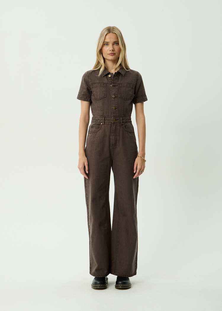 AFENDS 05D AFENDS MIAMI DENIM FLARED LEG JUMPSUIT WASHED COFFEE