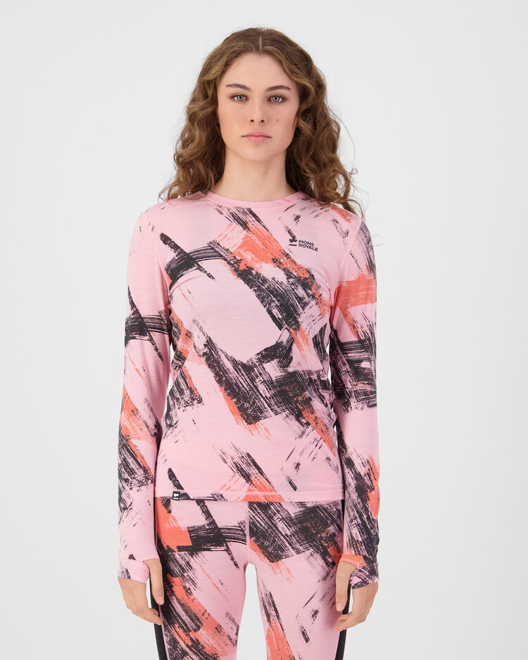 MONS ROYALE MONS ROYALE Womens Cascade Merino Base Layer Long Sleeve Paintbrush Pink