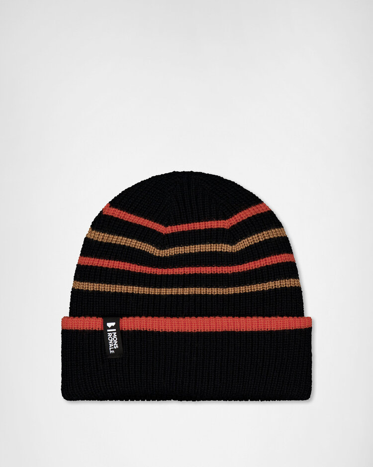 MONS ROYALE MONS ROYALE Unisex Stripey Merino Beanie Black / Sun Orange / Tan