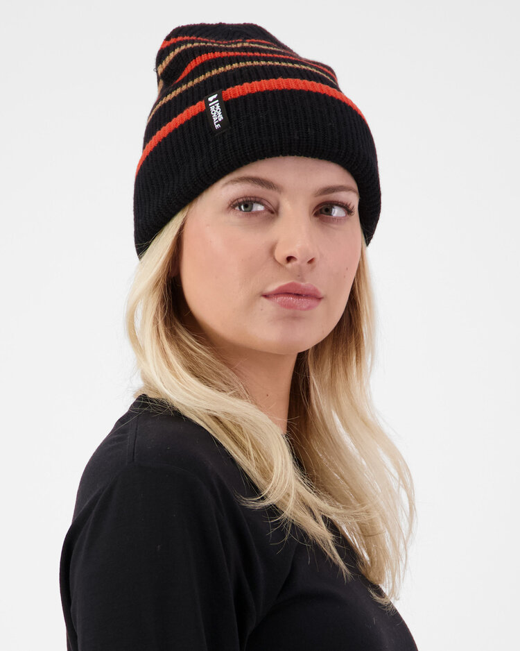 MONS ROYALE MONS ROYALE Unisex Stripey Merino Beanie Black / Sun Orange / Tan