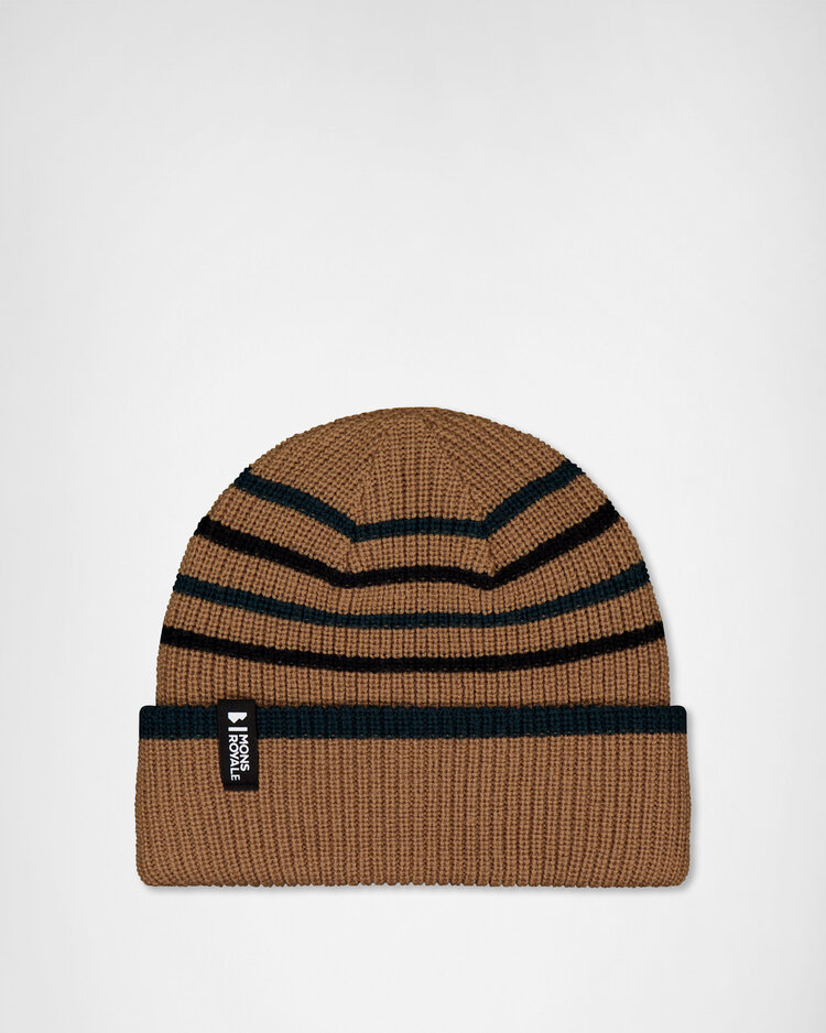 MONS ROYALE MONS ROYALE Unisex Stripey Merino Beanie Tan / Dark Pine / Black