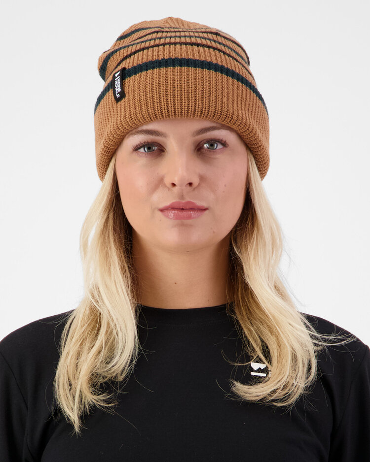 MONS ROYALE MONS ROYALE Unisex Stripey Merino Beanie Tan / Dark Pine / Black
