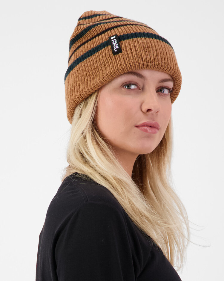 MONS ROYALE MONS ROYALE Unisex Stripey Merino Beanie Tan / Dark Pine / Black