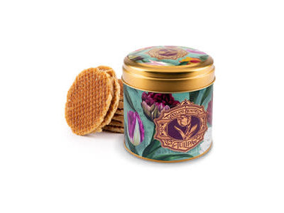 Holland Stroopwafel Tin Holland Teal Embossed Tulips with 8 stroopwafels