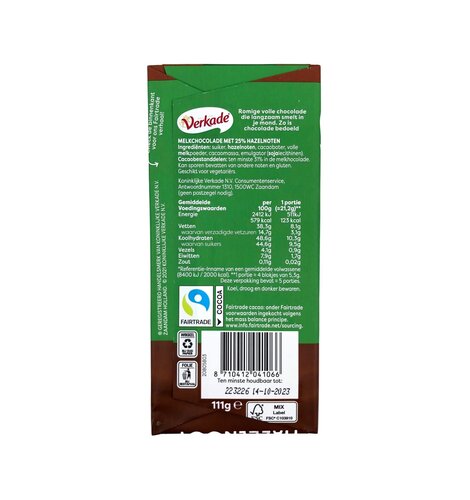 Verkade Milk Choc w/hazelnuts bar 3.9 oz
