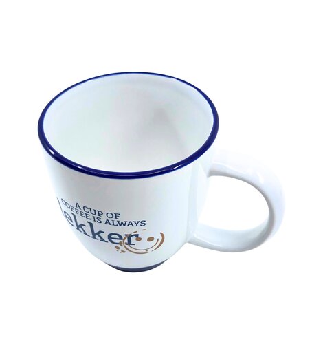 A Cup of Coffee is Always Lekker  Mug White/Blue 14 oz