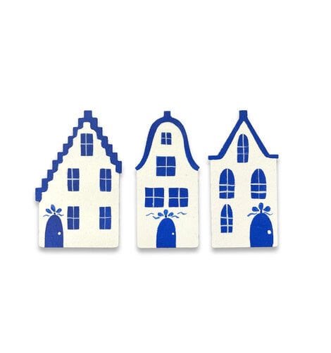 Delft Motif Metal Canal Houses set of 3 (2.75 inch tall)