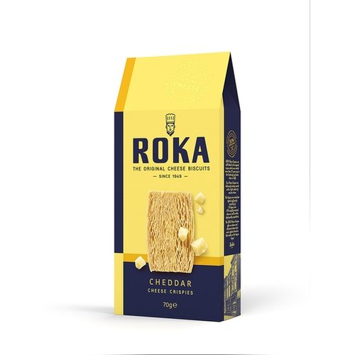 Roka Roka Cheddar Cheese Crispies dated April 2019 2.4 Oz Box Roka Roka Cheddar Cheese Crispies dated April 2019 2.4 Oz Box