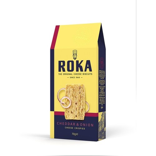 Roka Roka Cheddar & Onion Crispies dated April 2019 2.4 Oz Box Roka Roka Cheddar & Onion Crispies dated April 2019 2.4 Oz Box