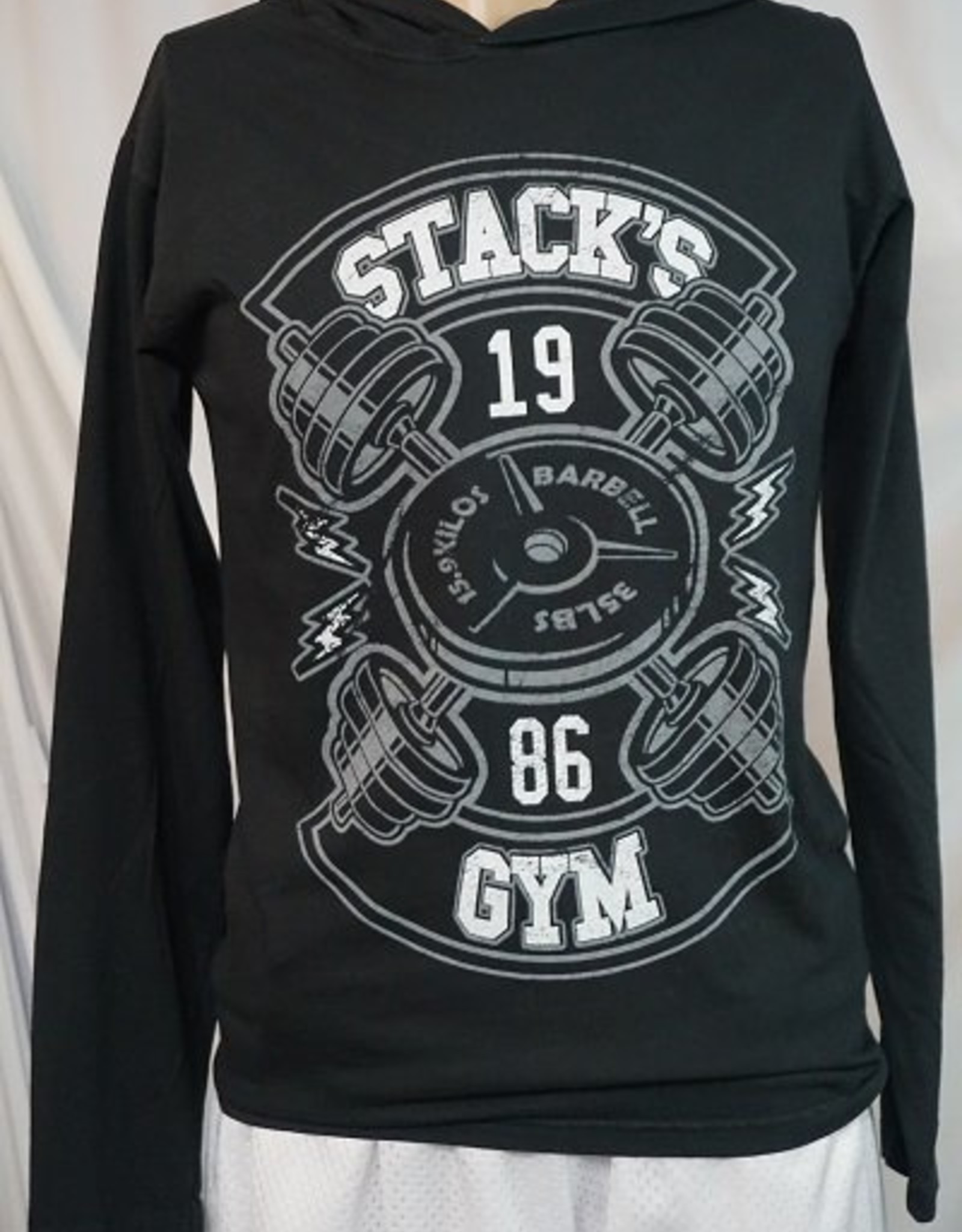 Stack's Gym Hooded Long Sleeve Lightning Barbell Logo
